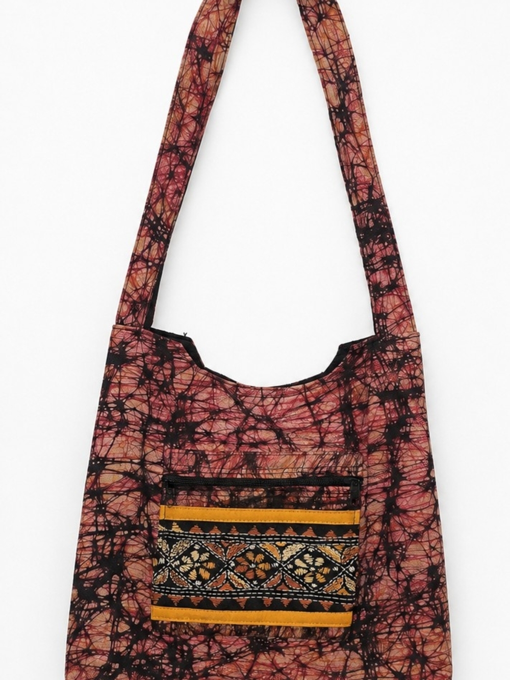 Handwoven Pink Tie-Dye Shoulder Bag with Embroidered Front Pocket